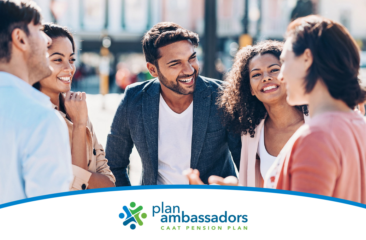 Group of young pension plan members with plan ambassadors logo.