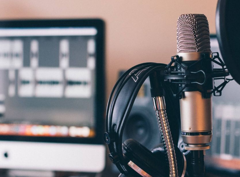 Close-up of a microphone in a podcast studio