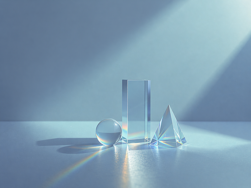 Glass geometric shapes including a sphere, rectangular prism, and pyramid refracting light, representing clarity and transparency in pension planning.