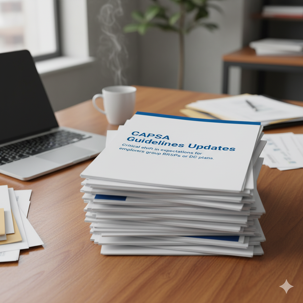 Stack of printed booklets on a desk titled 'CAPSA Guidelines Updates,' with a laptop, coffee cup, and office papers in the background.