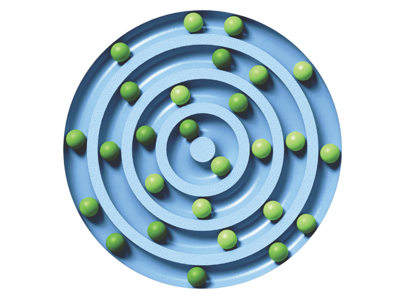 Illustration of a blue circular structure with concentric rings holding multiple green spheres, resembling electrons orbiting around an atom.