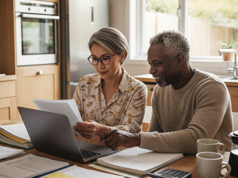 Older couple sitting at a kitchen table reviewing financial documents together, with a laptop, papers, and coffee mugs in front of them.