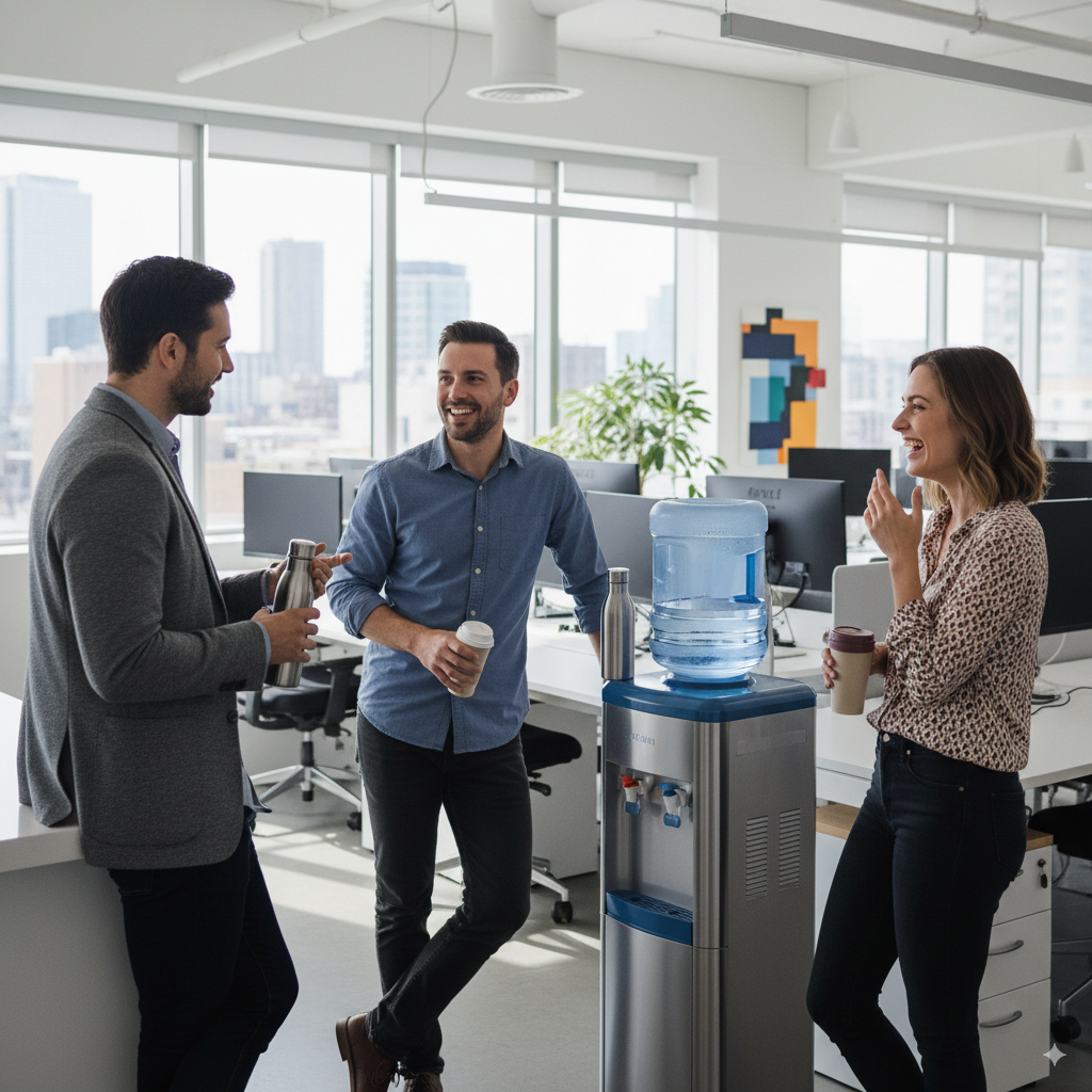 Three colleagues standing and chatting by an office water cooler, holding coffee cups and smiling in a bright modern workplace.