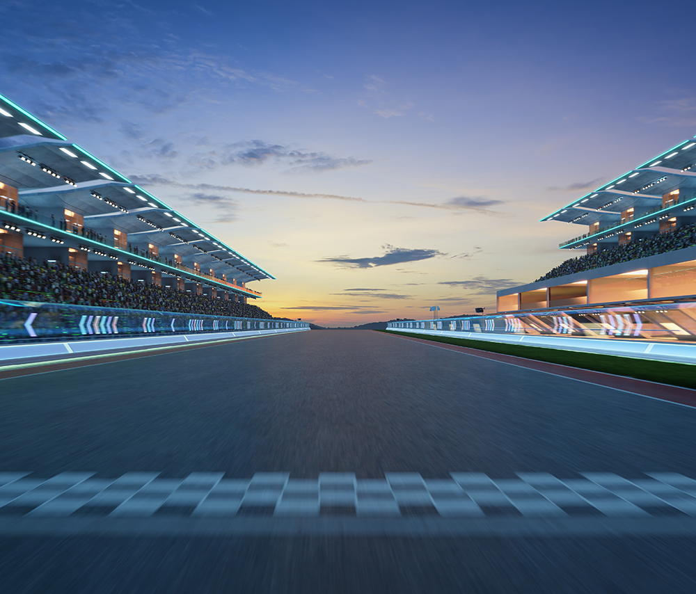Moving racetrack with start and finish line and arrow neon light decoration. 3d rendering