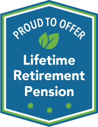 CAAT badge with leaf motif that reads: Proud to offer Lifetime Retirement Pension