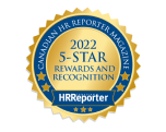 Graphic of a circular award medal with several star icons; it reads “Canadian HR Reporter 2023 5-star rewards and recognition”.