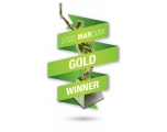 Graphic of trophy of a figure holding up a torch; trophy is wrapped by green ribbon that reads “2022 Marcom Gold Winner”